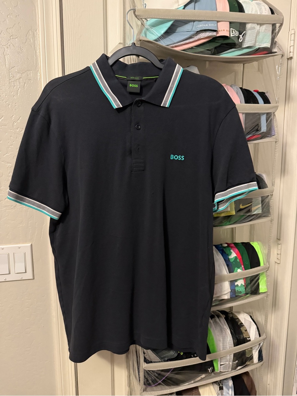 BOSS Dark Navy Blue Polo with Teal and White Trim